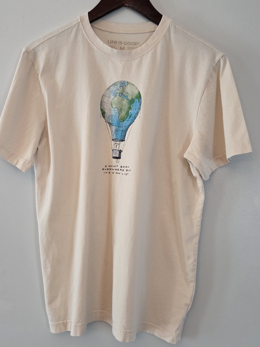 Life is Good Cotton T-Shirt Earth Hot Air Balloon Graphic Tee - Cream Size M